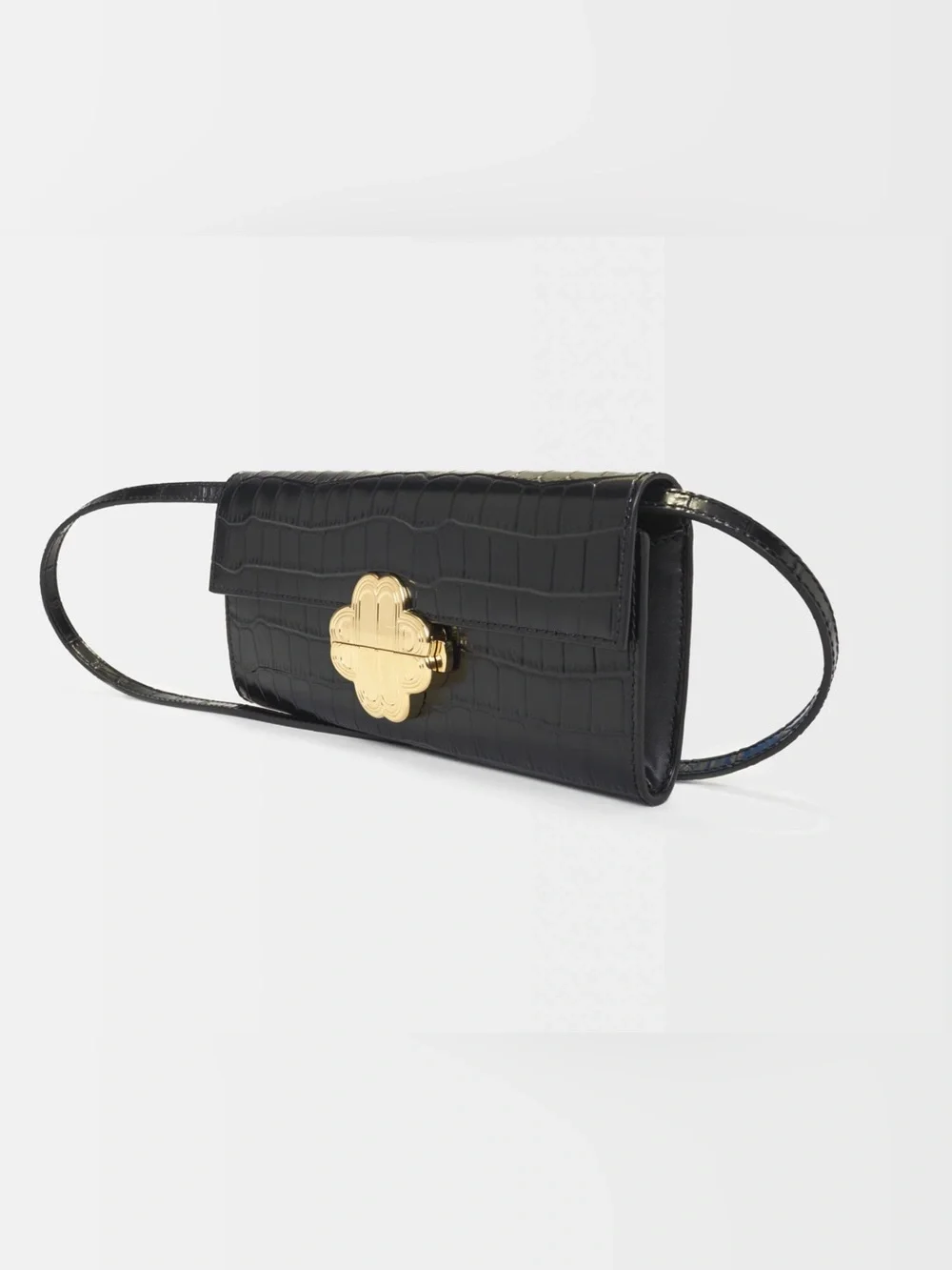 Maje Crocodile-Embossed Leather Bag Clutch Black Gold Clover Clasp Baguette